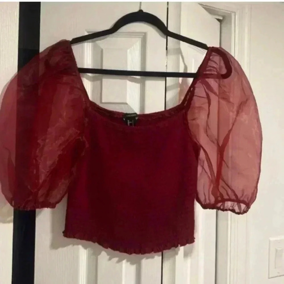 💜 3/25 Forever 21 Plus Size Burgundy Organza Sleeve Top size 3X - Picture 3 of 3